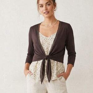 CAbi #852 Chocolate Brown Tie Front Three Quarter Sleeve Bolero Shrug